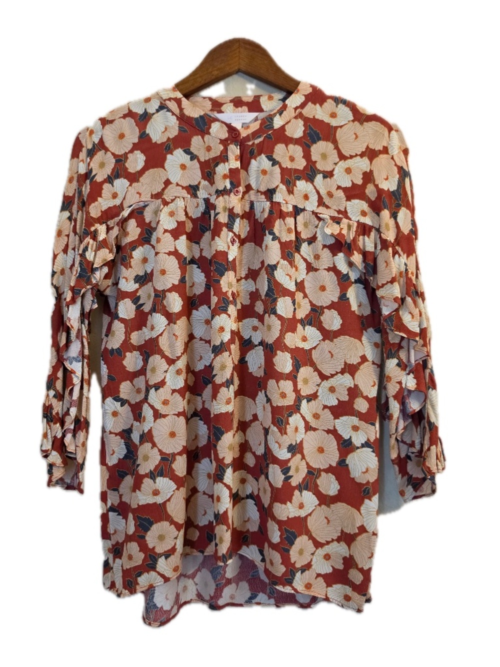 LC Lauren Conrad Blouse Womens S Orange Floral Tunic Round Neck Ruffle Button